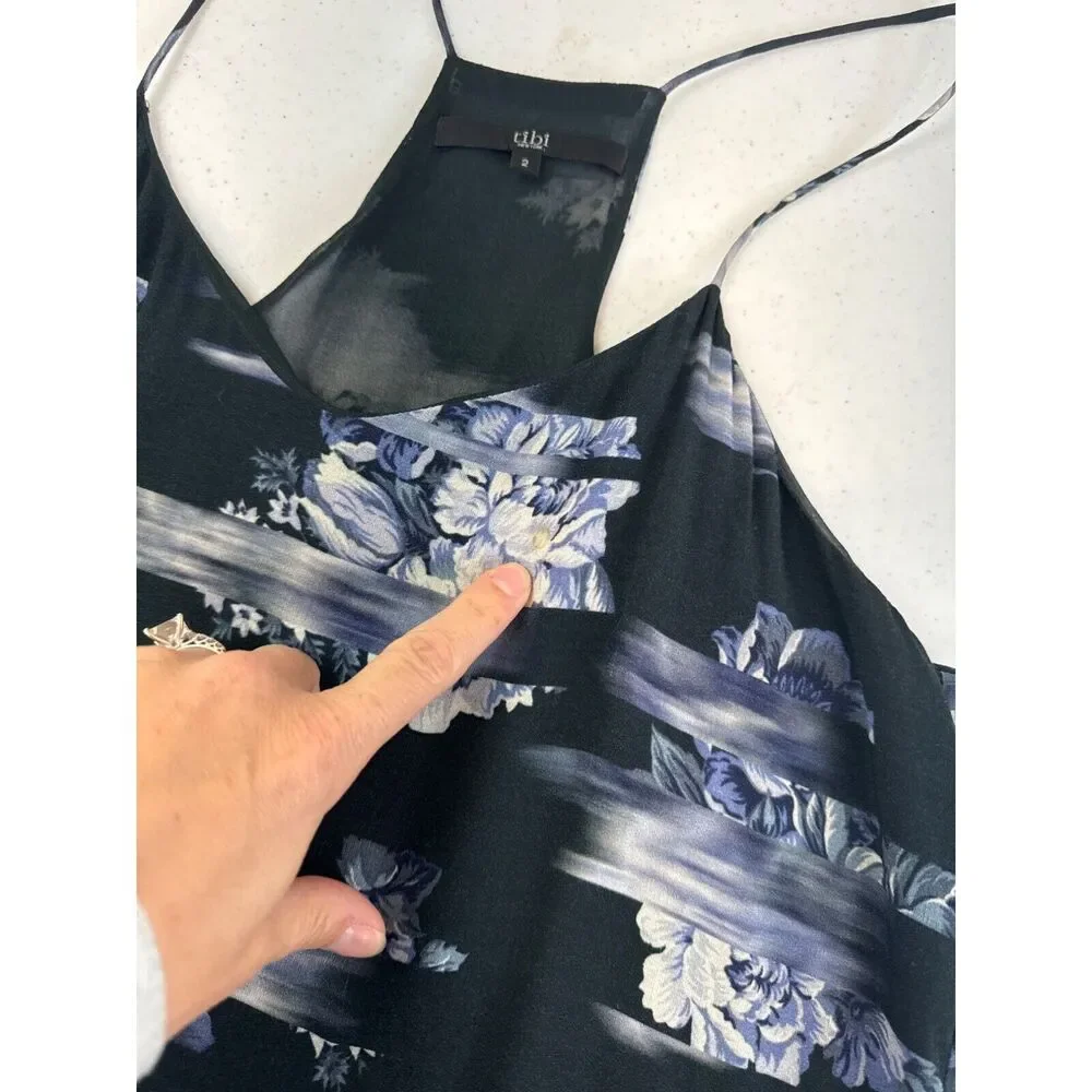 Tibi Womens Floral Midi Dress Size‎ 2 100% Viscose & Silk Black Blue Flowy